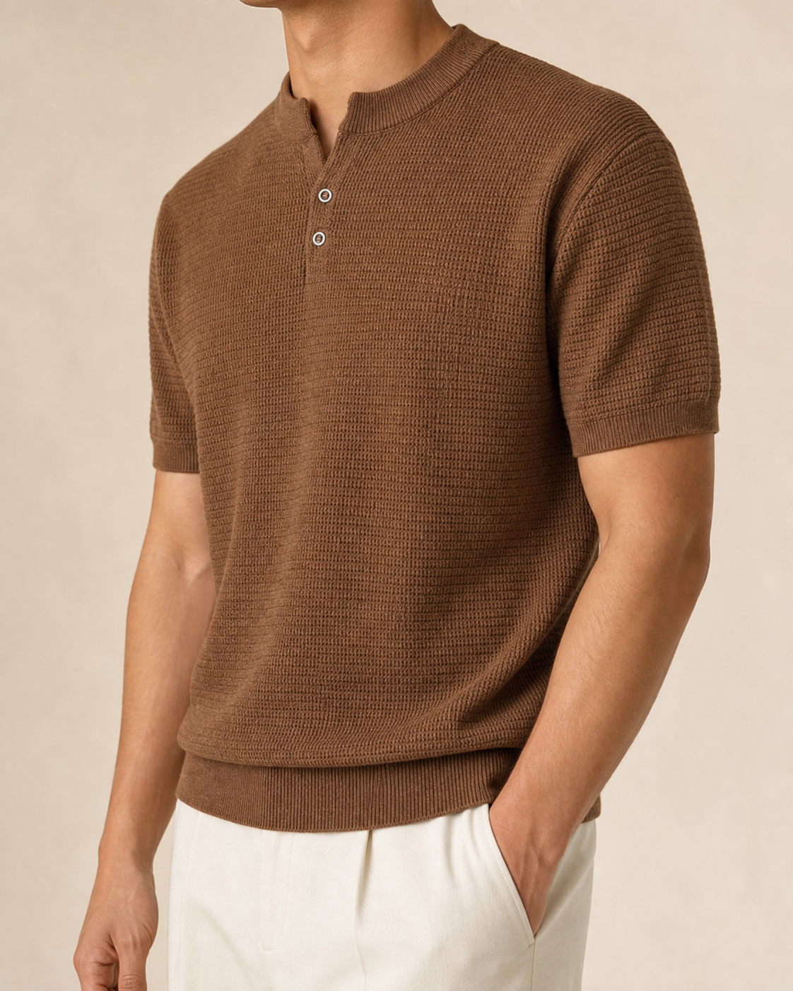 Carrara Textured Knit Polo three-quarter view in Brown