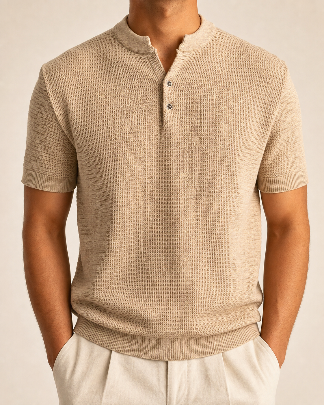 Carrara Textured Knit Polo in Camel Sand